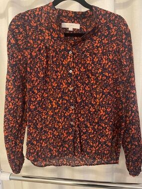 LOFT Navy and Orange Floral Button-Down Blouse
